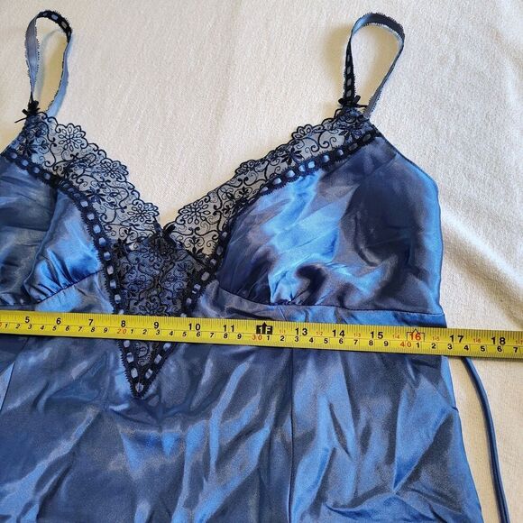 Navy Blue Satin Slip Dress Lace Trim Babydoll Nightie Fairycore Coquette M - Picture 7 of 9